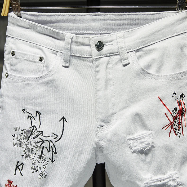 Mode Trendy Stickerei Buchstaben Männer College Jungen Skinny Runway Zipper Denim Hose Destroyed Zerrissene Jeans Schwarz Weiß Jeans