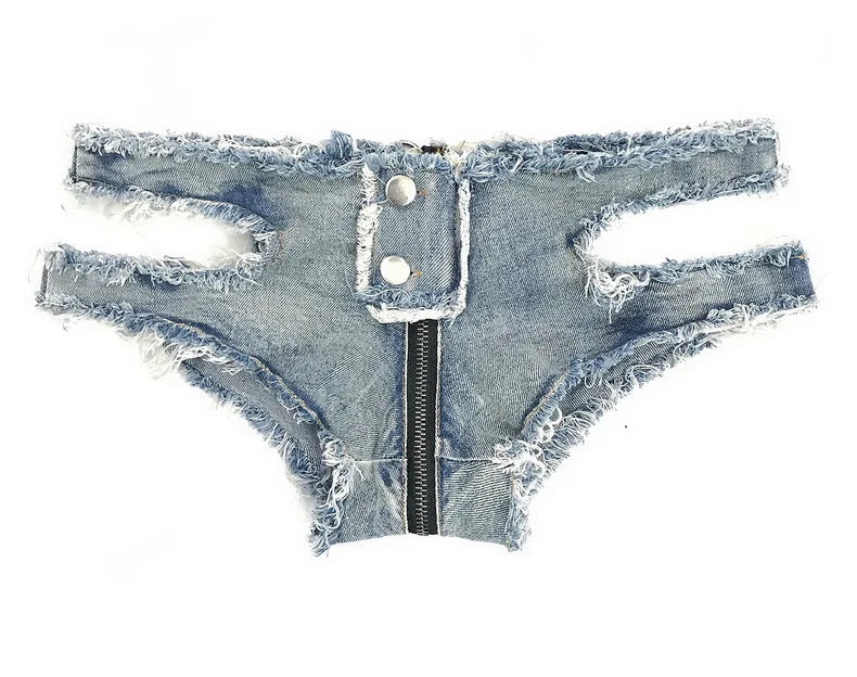 New Summer Female Sexy Low Waist Jeans Denim Shorts Hollow Out Zipper Hole Thong Dj Pole Dance Shorts Nightclub