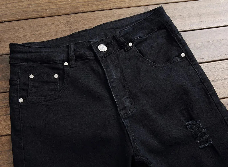 Broken Coated Ripped Jeans Herren Hochwertige Baumwollhose Reißverschluss BIKER Jeans Cowboy Denim Hose Schwarz Weiß Patchwork