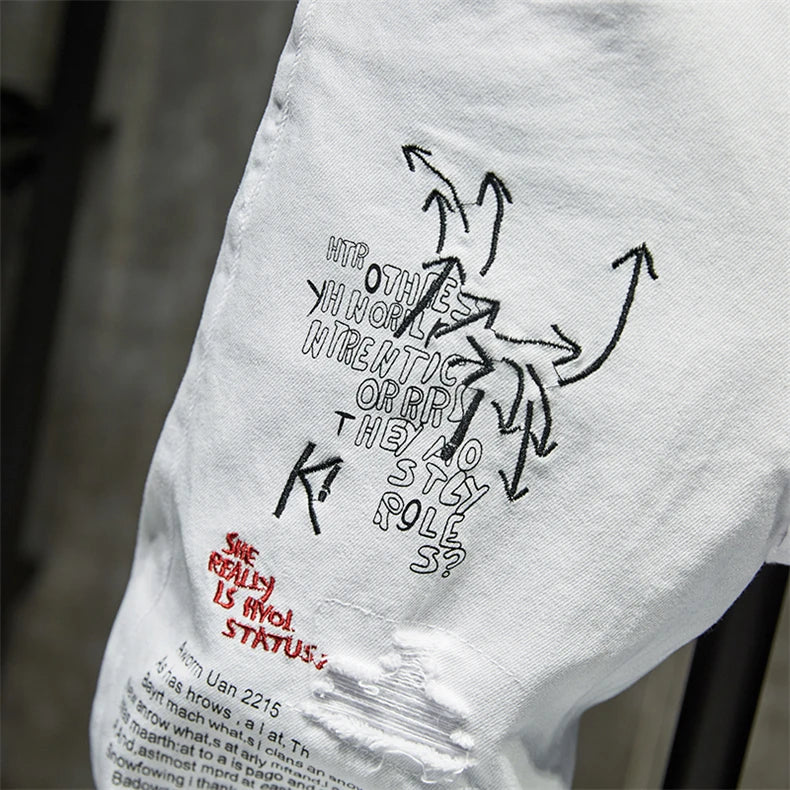 Mode Trendy Stickerei Buchstaben Männer College Jungen Skinny Runway Zipper Denim Hose Destroyed Zerrissene Jeans Schwarz Weiß Jeans