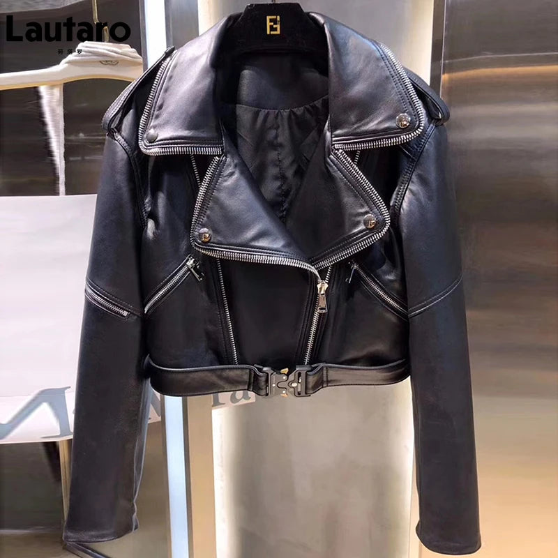 Lautaro Autumn Short Green Soft Faux Leather Biker Jacket Women Long Sleeve Zipper Belt Designer European and American Fashion