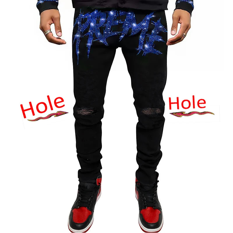 Neue Herren-Trend-Schwarze zerrissene Jeans Fashion Street Hole Hose Gemütliches Skinny-Design Hot Rhinestone Stretch Soft Washed Denim Pants