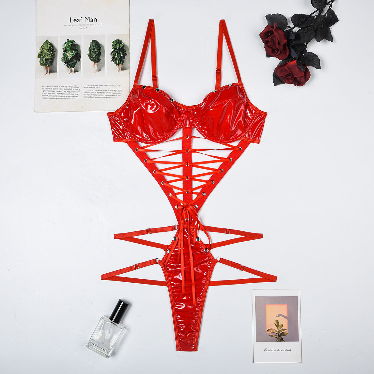 Women Sexy PU Strappy Bodysuits Bodycon Hot Catsuits Hollow Solid Rompers Fashion Erotic Faux Leather One Piece Onesie