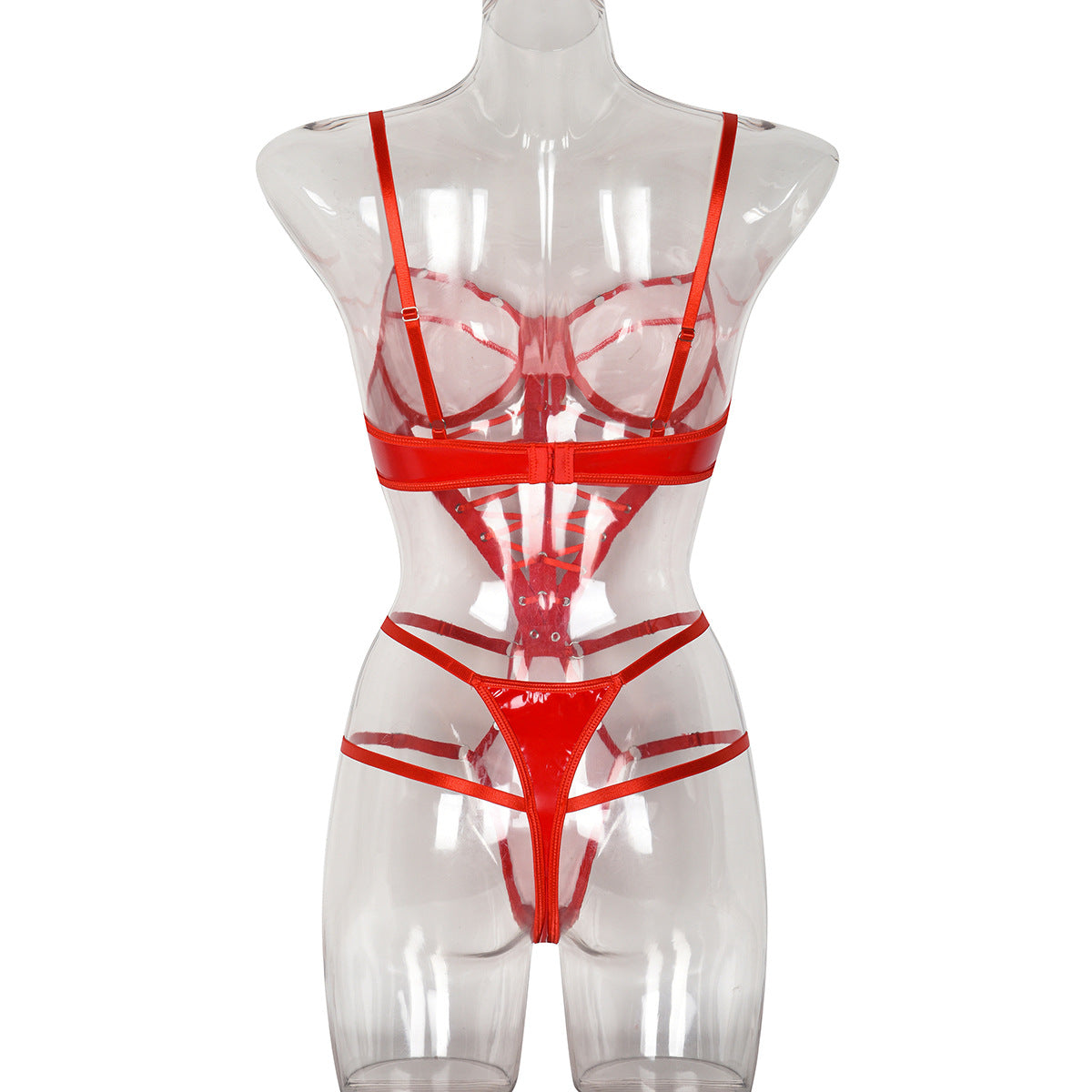 Women Sexy PU Strappy Bodysuits Bodycon Hot Catsuits Hollow Solid Rompers Fashion Erotic Faux Leather One Piece Onesie