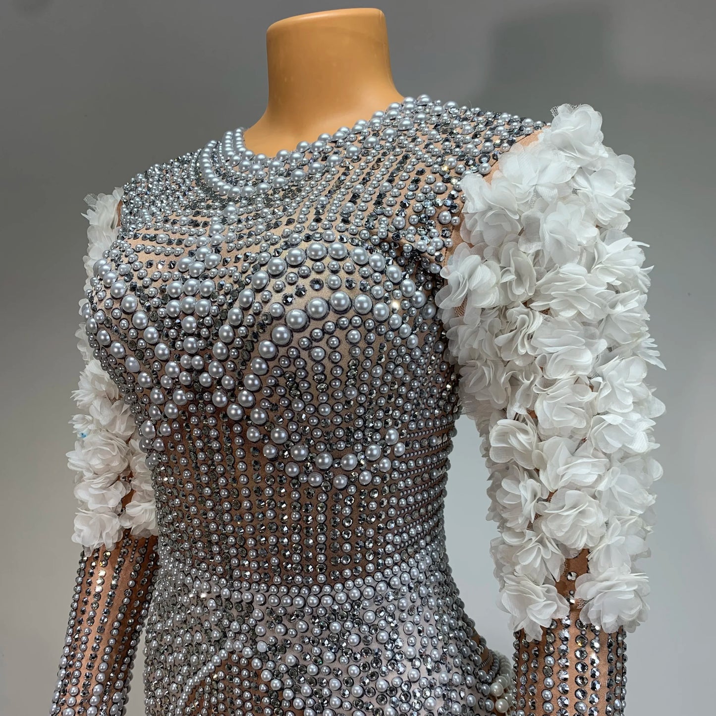 Shining Luxury Tight Bodysuit Women Sexy Pearls Rhinestone Flowers Stage Outfit Performance Dance Costume Nightclub Wear 2024