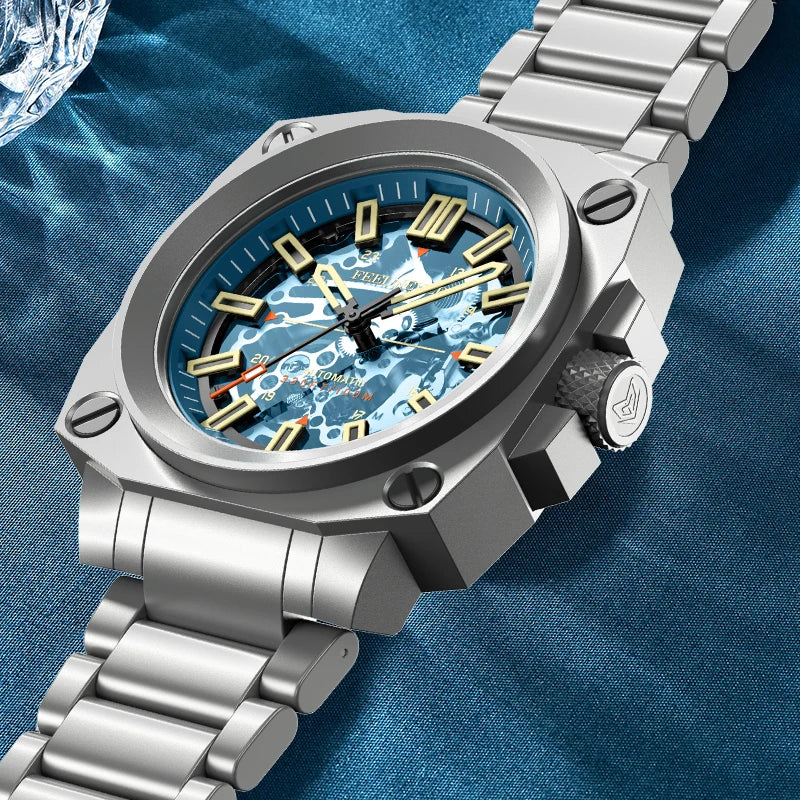 FeelNever Kreative Herrenuhr mit Automatikwerk, ausgehöhlt, modisch, lässig, sportlich, Militär, Leder, wasserdicht, mechanische Uhr + Box