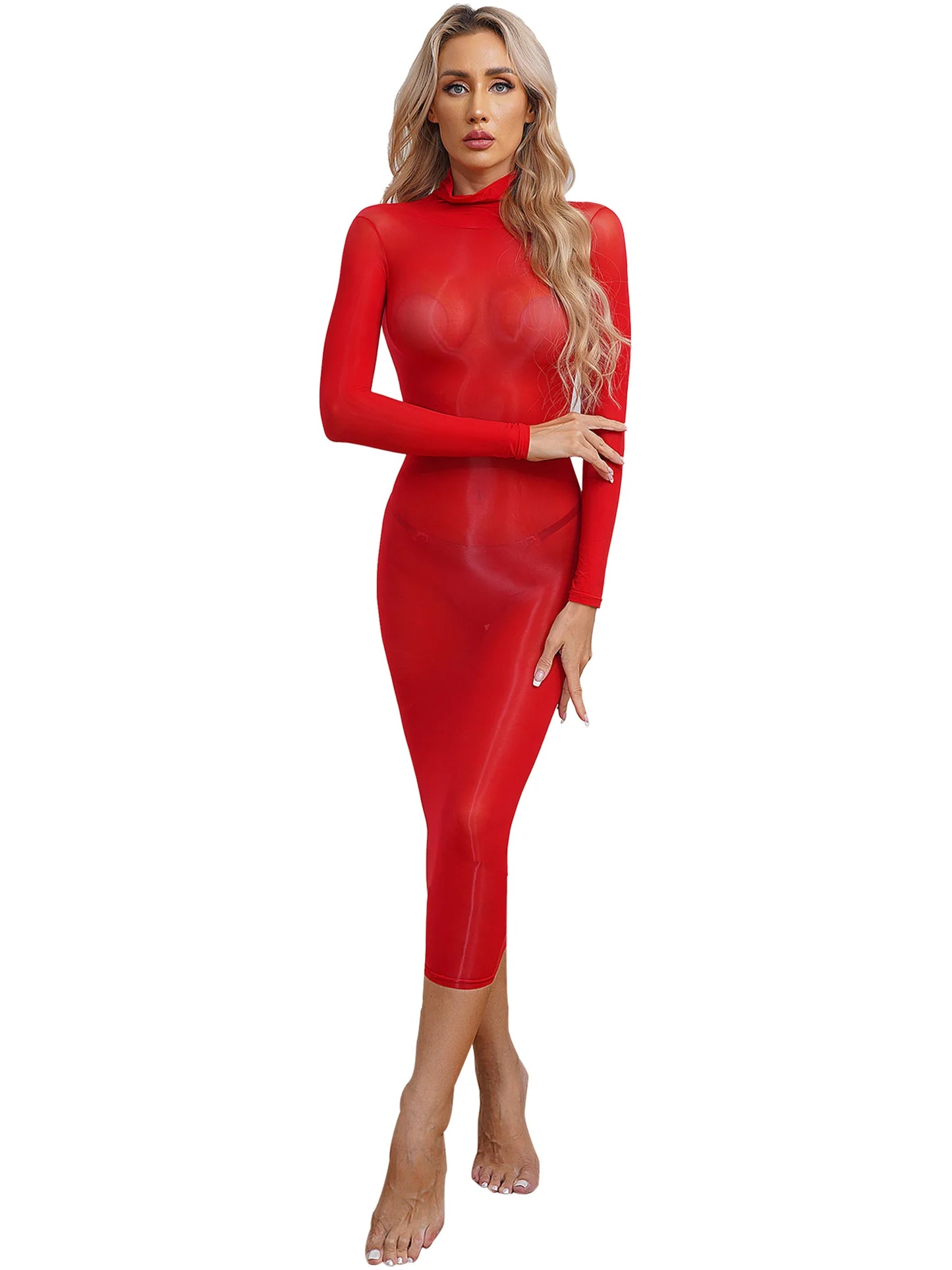 Womens See Though Skinny Dress Lingerie High Stretchy Glossy Bodycon Dress Long Sleeve Sleeveless Dating Club Rave Party Clothes