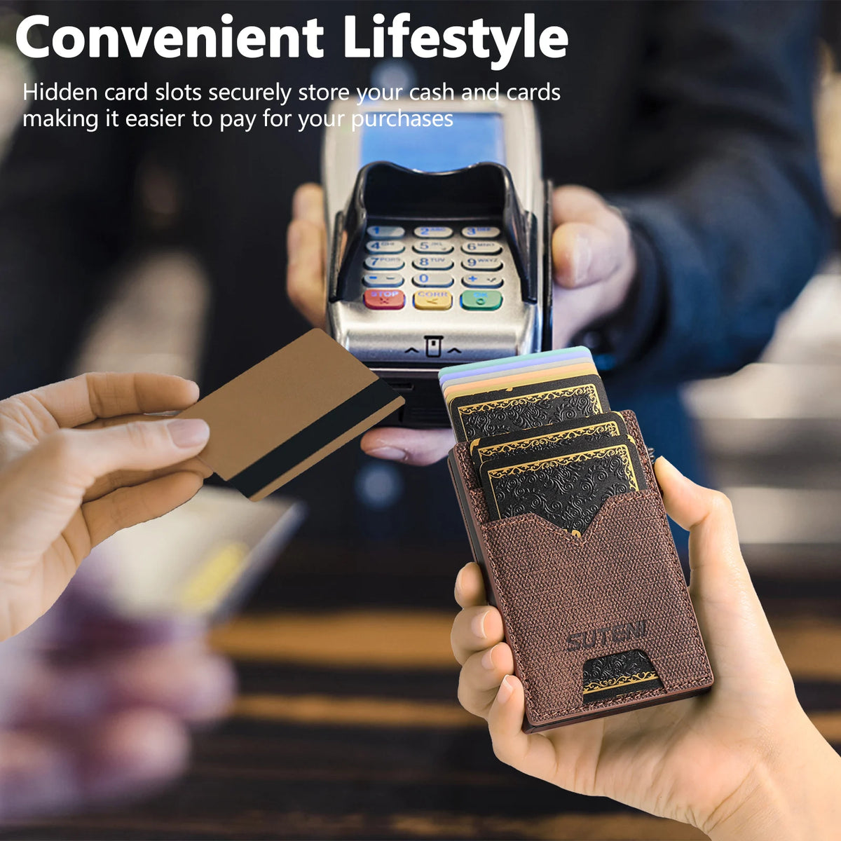 SUTENI Faux Leather Card Slot Wallet Flip Cover Unisex Card Box Pressing The Button Automatically Ejects The Card