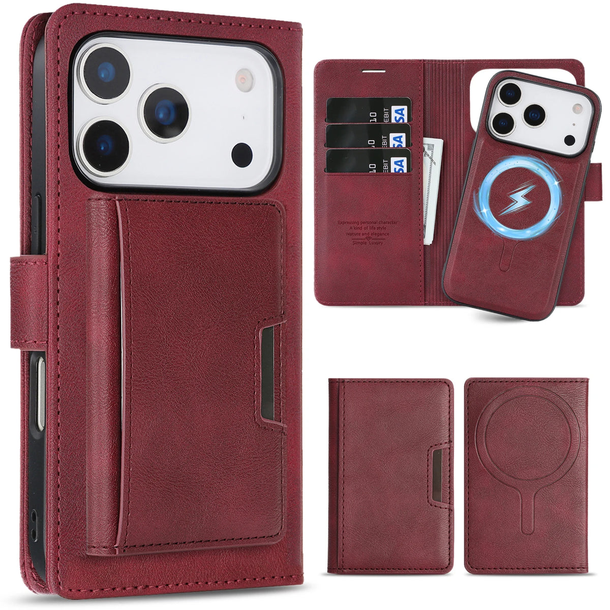 3-in-1 Luxury Leather Wallet Detachable Flip Cover For iPhone 16 15 14 13 12 17 18 Pro Max Plus For Magsafe Credit Card Wallet