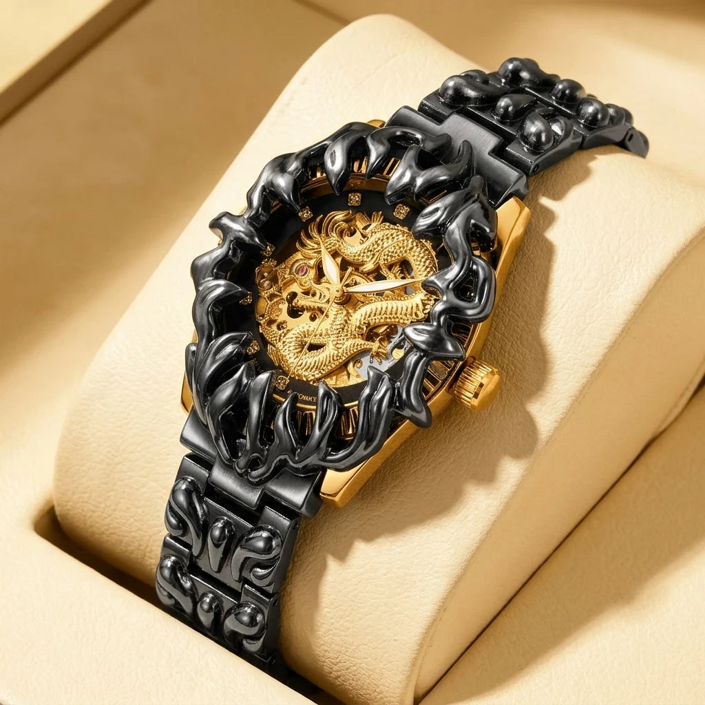 A men's black and gold steel strap casual niche carved dragon pattern mechanical watch