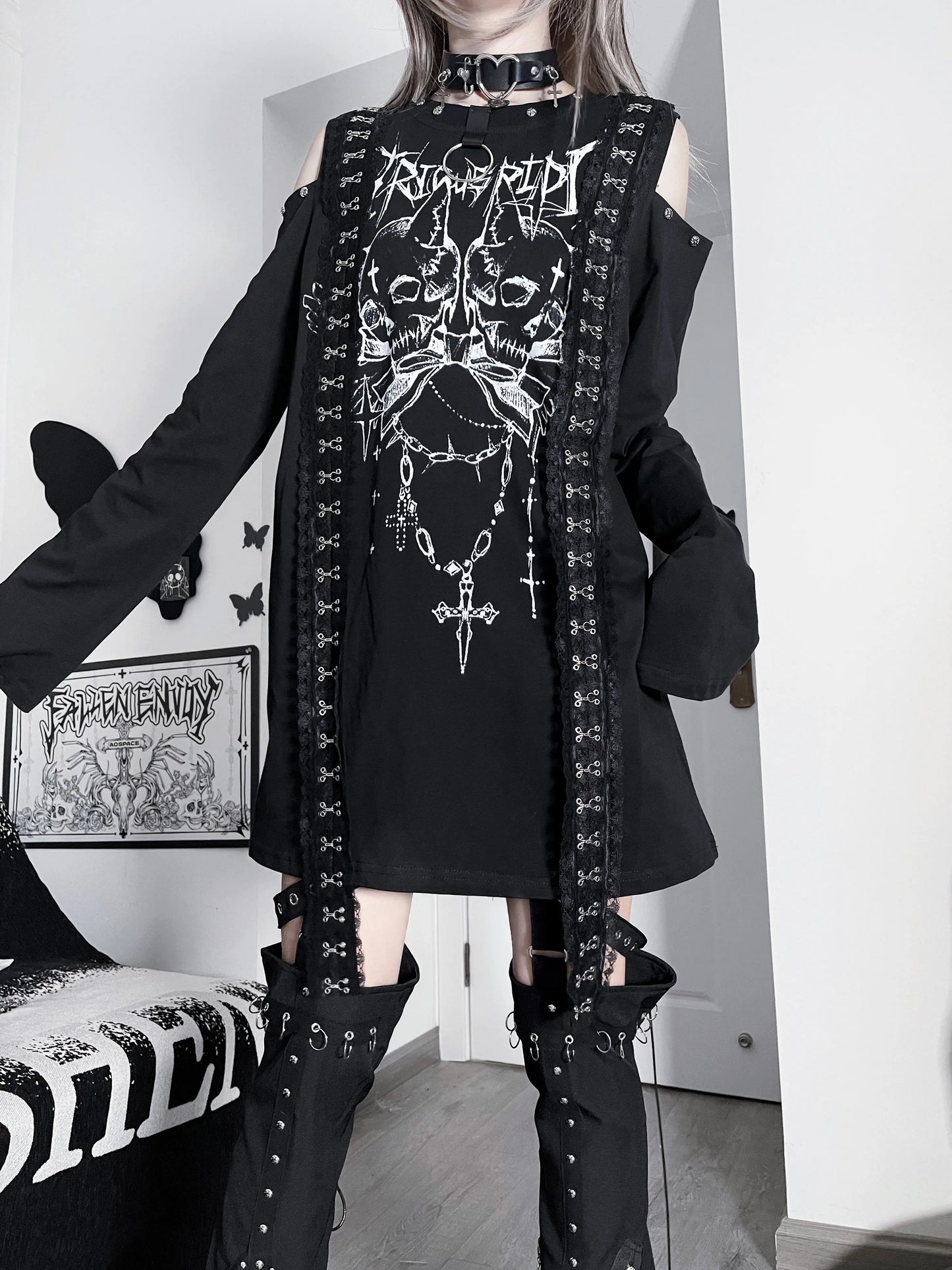 Original Gothic Printed Subculture T-shirt Top Spring New Japanese Punk Dark Girl Loose Long-sleeved Off-the-shoulder Tshirts