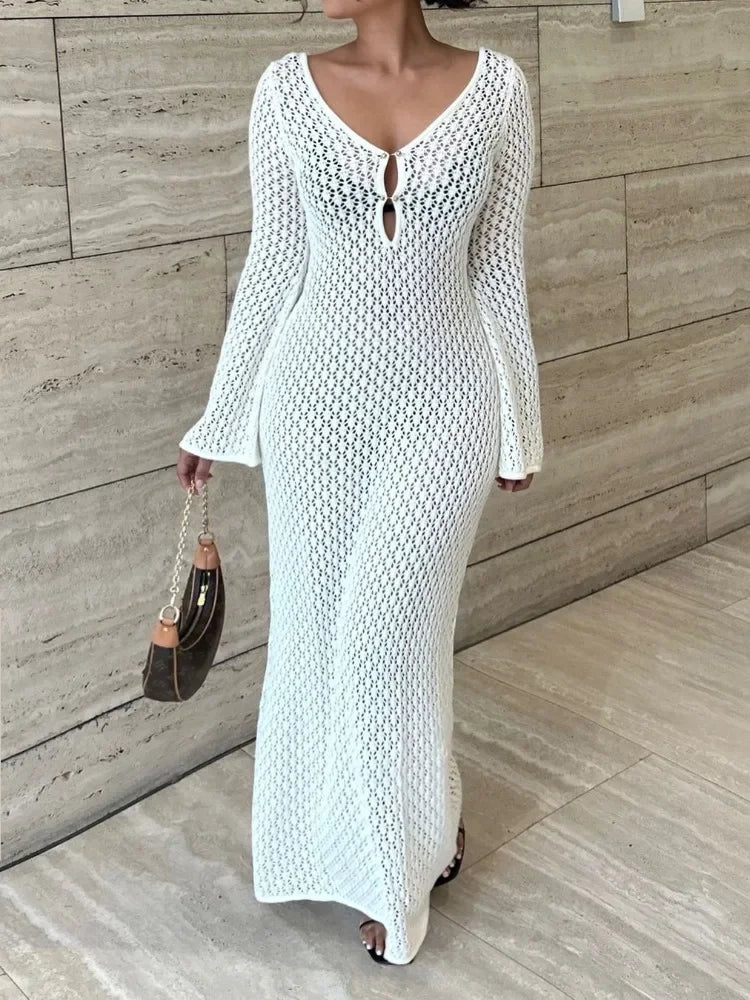 BWQ White Knit Fashion Cover up Maxi Dress Female See-Through V-Neck Hollow Out Beach Holiday Dress Knitwear Backless Dress