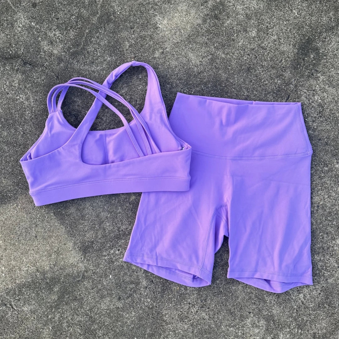 Solid Color High Waist Gym Yoga Short Legging Set Tight Women Cross Back High Impact Shoulder Strap Fitness Bra Top Sportwear