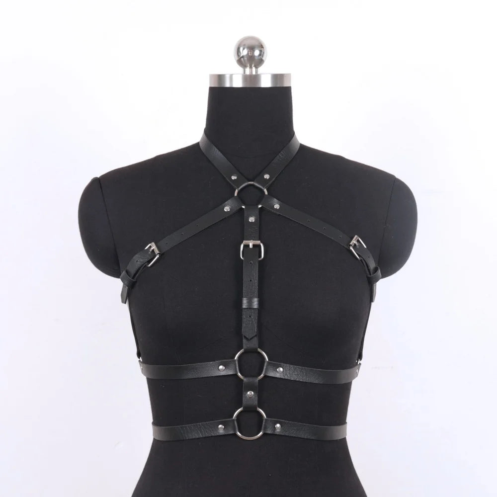 Gothic Dark Faux Leather Halter Body Harness, Adjustable Hollow Out Chest Strap for Halloween Vampire Witch Cosplay, Y2K Hot Gir