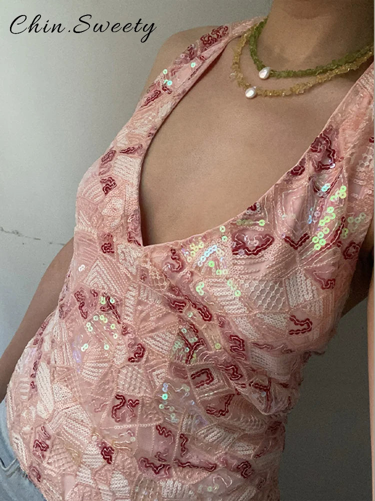 Sexy Sequined Beaded Lace Up Women's Top Halter V-neck Sleeveless Backless Slim All-match Tank 2025 Summer Lady Y2K Streetwears