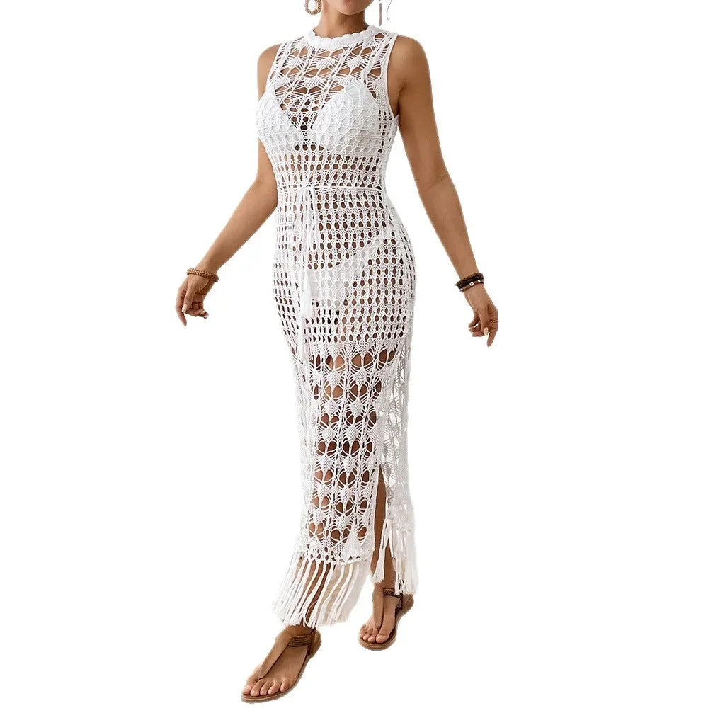 Casual Ladies Beach Skirt Hollow out Floral Print Long Dress Waist Cinched Fringed Sandy Coastline Women's Fashion Outerwear