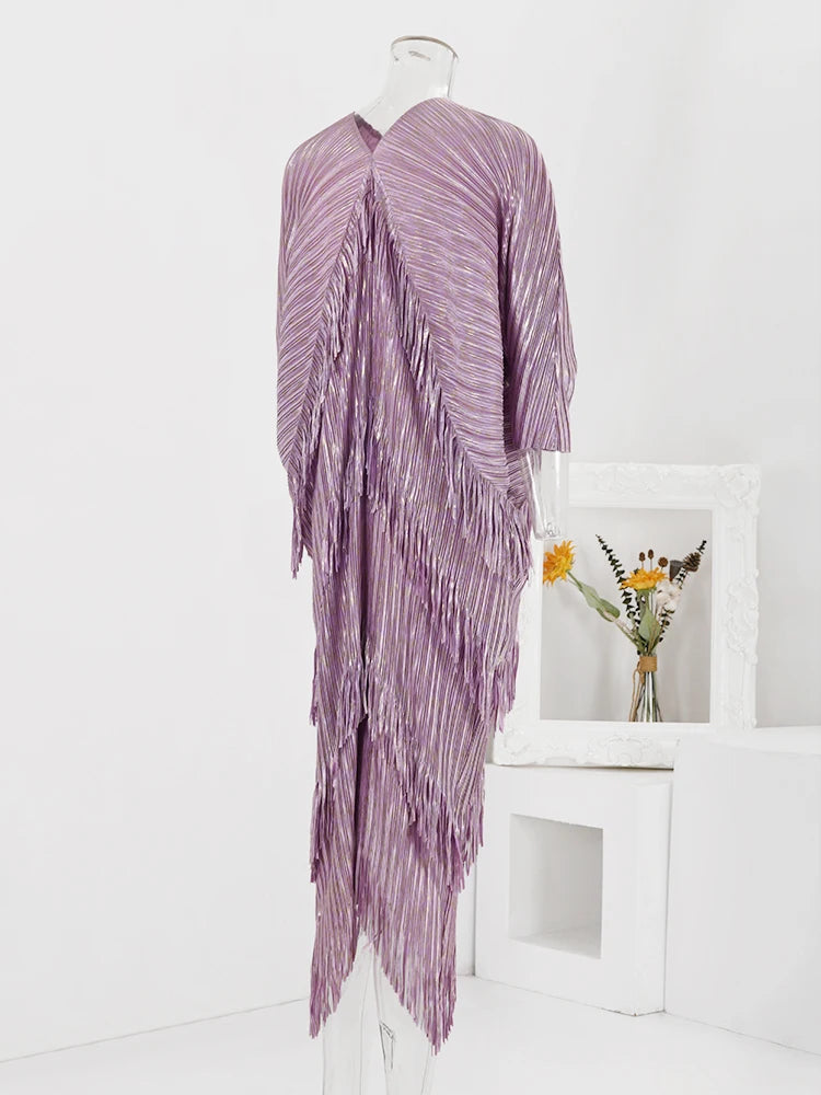 LANMREM 2025 New Elegant Party Tassel Pleated Dress Women V Neck Sequins Spliced Irregular Long Dresses Fashion Clothing 2DA1641