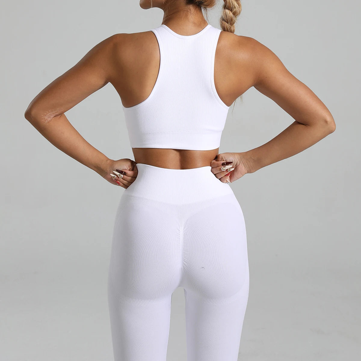Seamless Ribbed High Waisted Yoga Set for Women, Tummy Control Criss Cross Back Workout Outfit, Quick Dry Fitness Set for Gym