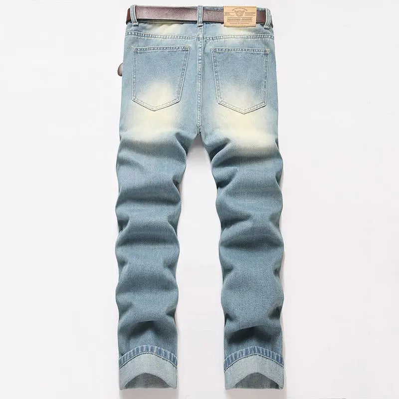 Autumn Men's New Light Blue Slim Fit Jeans Men's Ripped Loose Jeans Elastic Hole Versatile High Street Denim Pants Retro Washed
