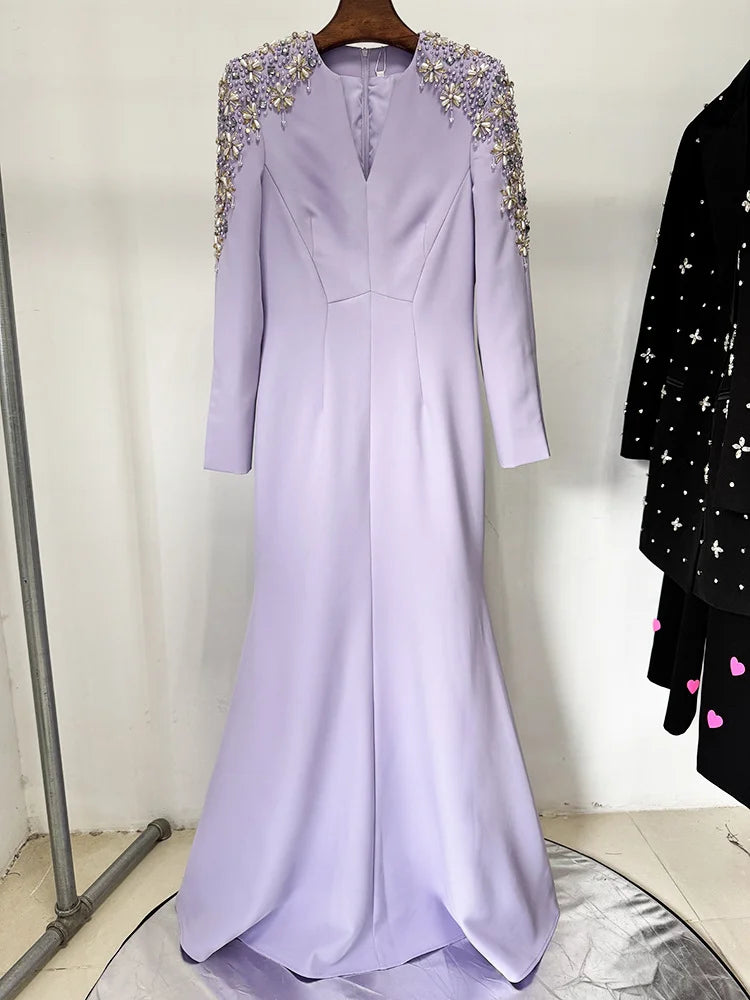 HIGH STREET Newest Fashion  Designer Party Vestido Women's Diamonds Beaded Split Long Maxi Dress