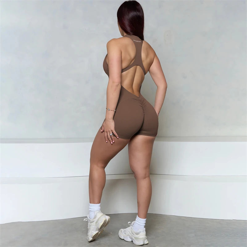 Women Bum Sleeveless ZIPPER Scrunch Butt Romper Women Sporty Jumpsuit Lycra Short Fitness Gym Overall New Workout Clothes
