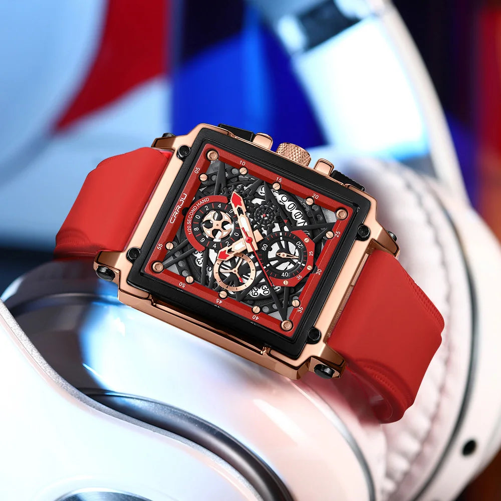 CRRJU Modische Sportuhren mit großem Zifferblatt, einzigartiges rechteckiges, hohles Design, Quarz-Armbanduhren mit Chronograph, automatisches Datum