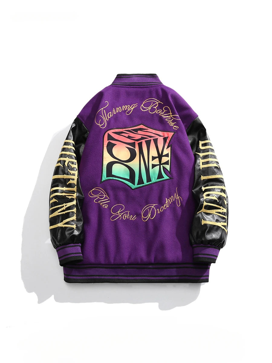 Herren Stehkragen Gespleißte Lederstickerei Wolljacken Trendy Street Hip Hop Hübscher Casual Loose Einreihiger Mantel