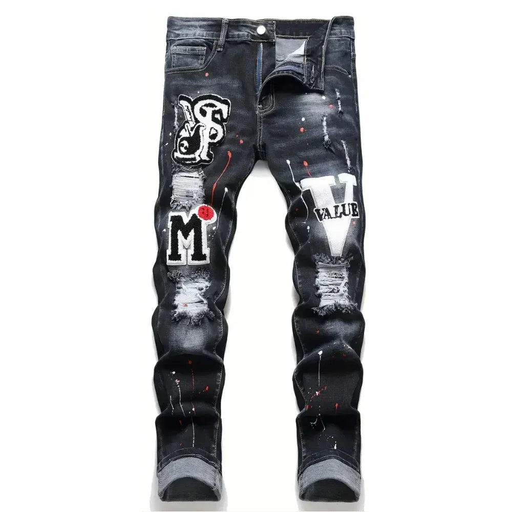 Men Y2K Stretchy Denim Jeans Ripped Skinny Letter Print Elastic Waist Casual Pants for Men Hole Slim Fit Denim Hip Hop Trousers