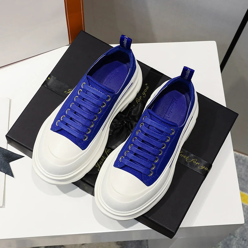 2024 Frühjahr Neue Damenschuhe Schnürschuhe Sport- und Freizeitschuhe für Herren Dicke Sohle Wasserdichte Plattform Weiche Erhöhte Leinwand Flache