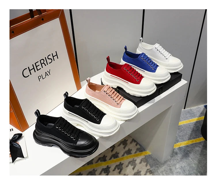 2024 Frühjahr Neue Damenschuhe Schnürschuhe Sport- und Freizeitschuhe für Herren Dicke Sohle Wasserdichte Plattform Weiche Erhöhte Leinwand Flache