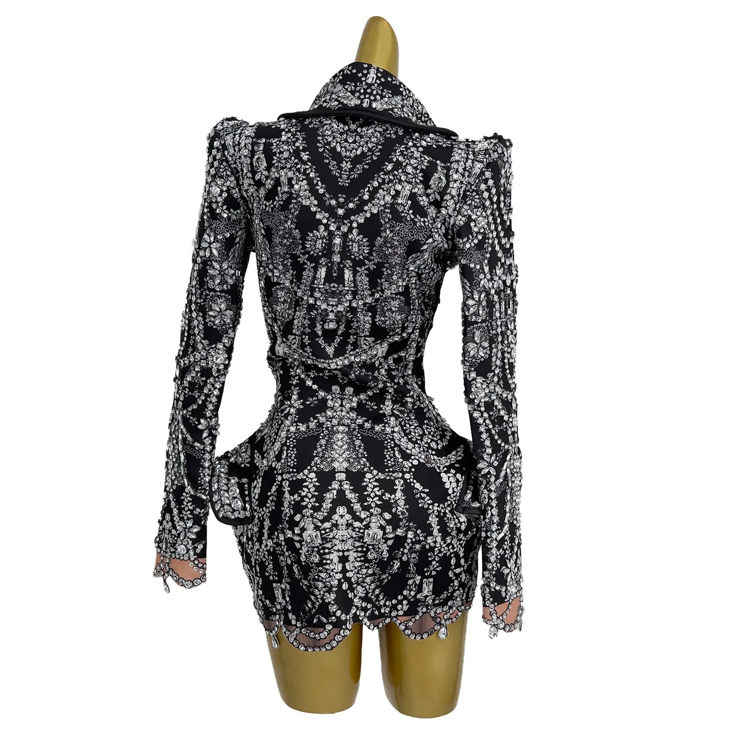 Fashion Crystal Rhinestones Short Dress Deep V Black Club Party Birthday Performance Drag Queen Costume