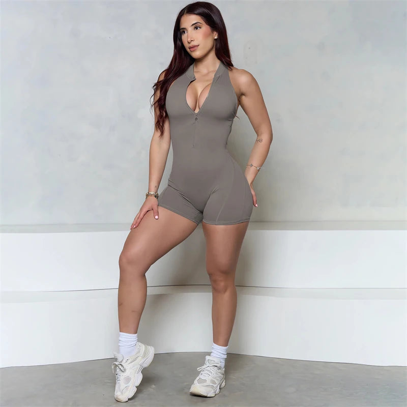 Women Bum Sleeveless ZIPPER Scrunch Butt Romper Women Sporty Jumpsuit Lycra Short Fitness Gym Overall New Workout Clothes