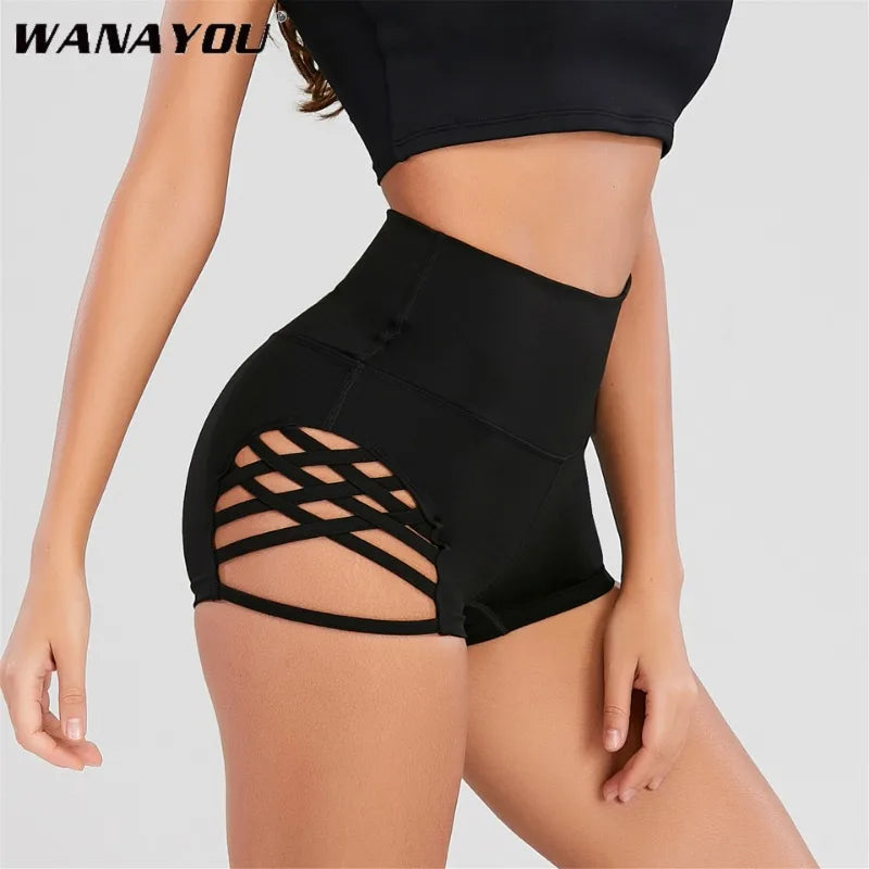 WANAYOU Hohe Taille Bedruckte Enge Yoga-Shorts Mit Seitlichem Kreuz Große Hohle Sexy Fitness Pole Dance Sport-Shorts