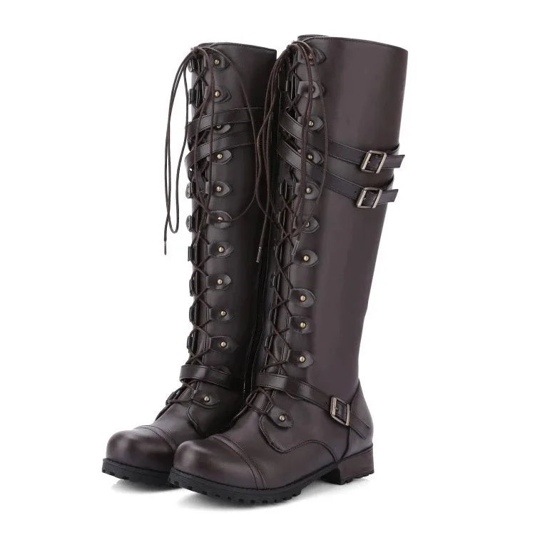 New Fashion Women Knee High Boots Brand Lace Up Platform Shoes Sexy with Buckle PU Retro Buckle Luxury Shoes Designer Snow Boots