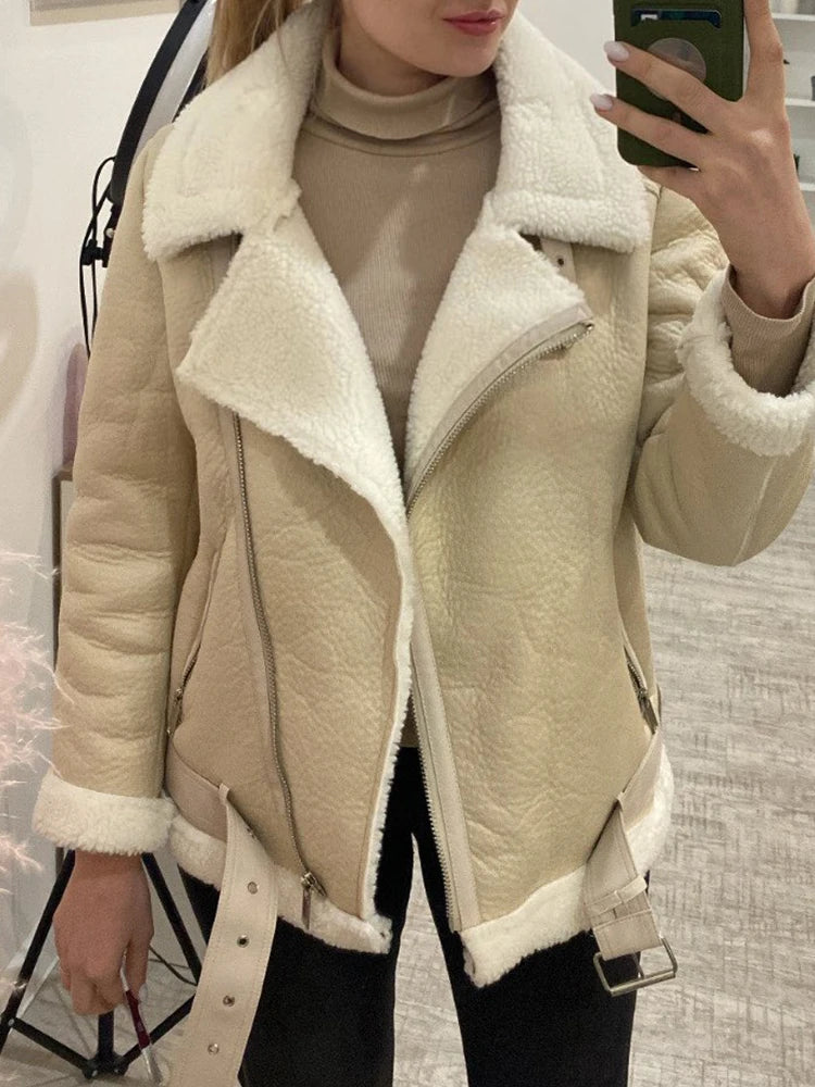 Ailegogo Warm Women Faux Fur Jacket with Belt Streetwear Female Moto Biker Loose Thick Coat Fashion Autumn Winter Outwear