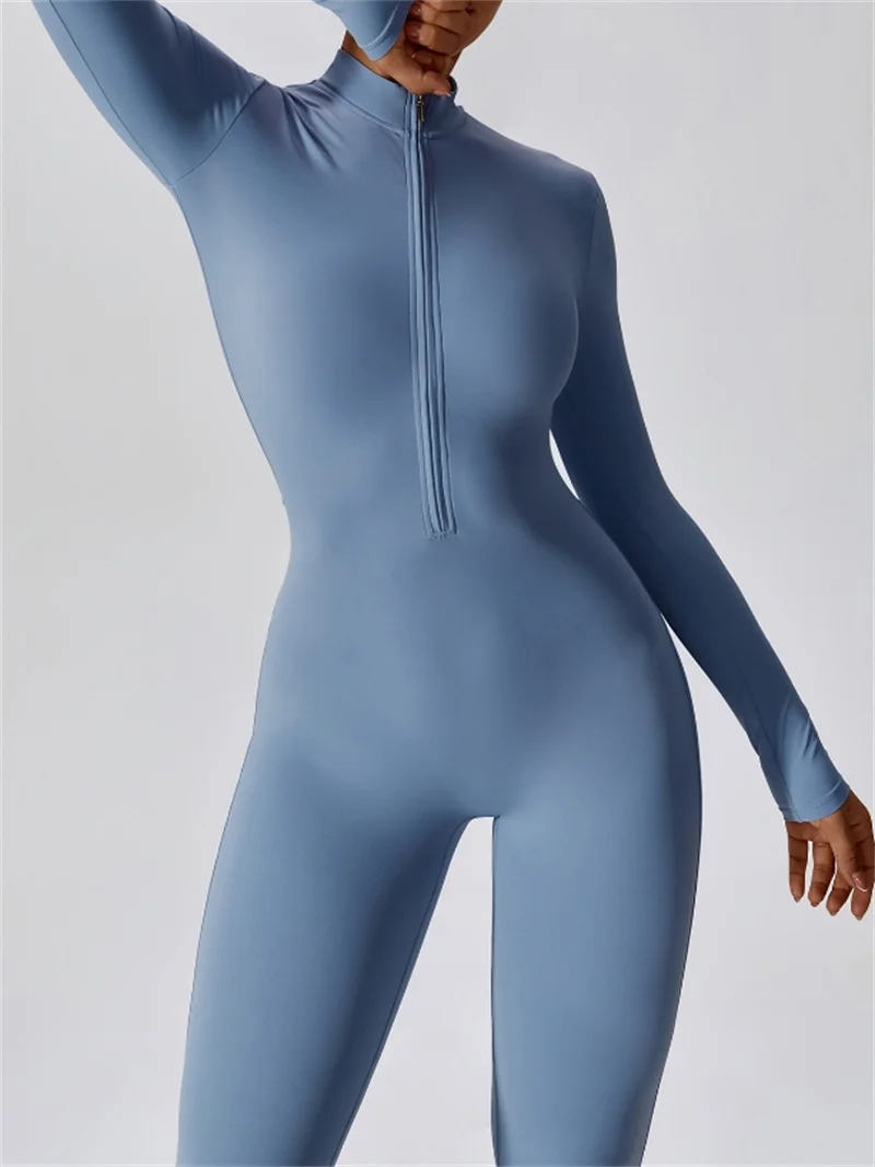 Half zip integrated long yoga jumpsuit solid color sexy long sleeved integrated sportswear for women