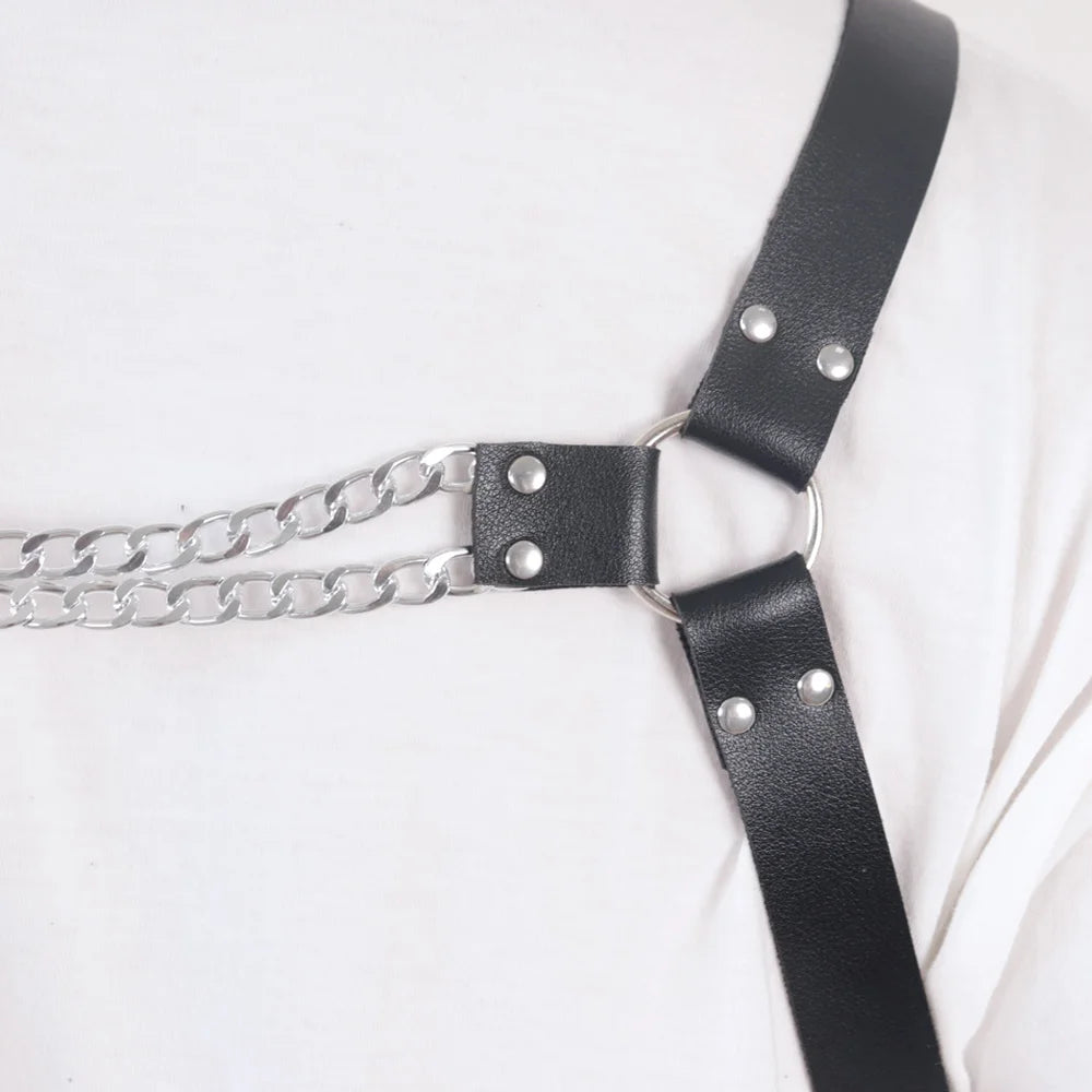 Men's Adjustable PU Leather Body Harness with Chain Tassels - Fashionable Black Chest Belt for Parties, Performances