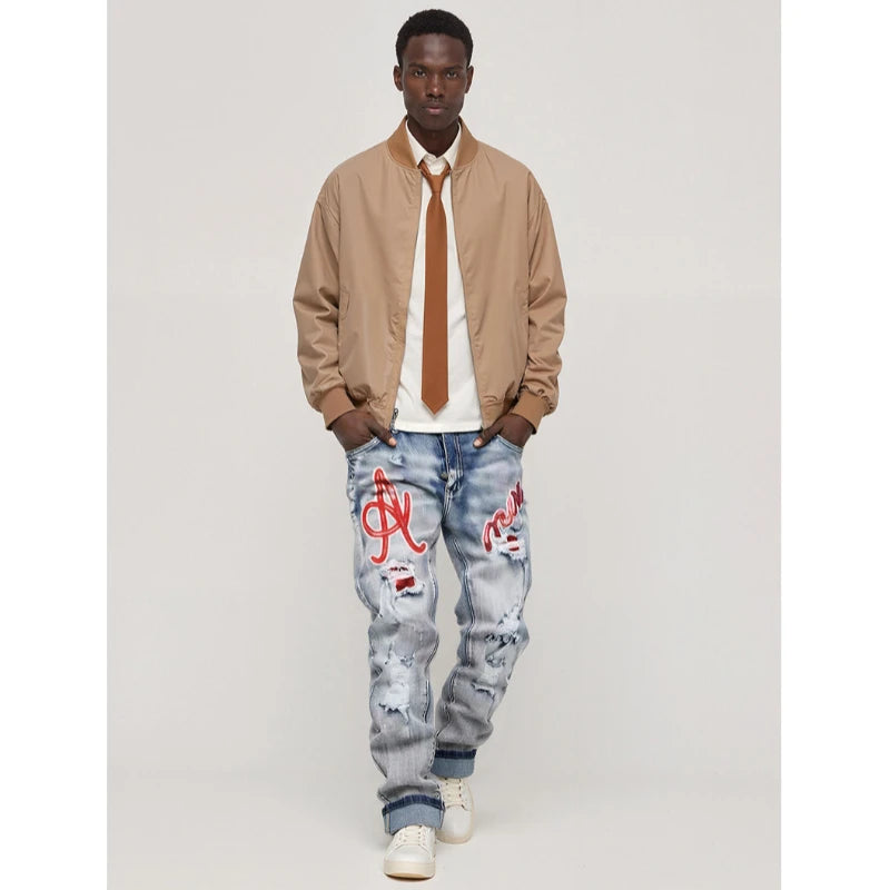 Men's Hip-Hop Style Distressed Holes Jeans Wash Ripped Pants with Red Embroidered Patches Casual Trendy Streetwear Trousers