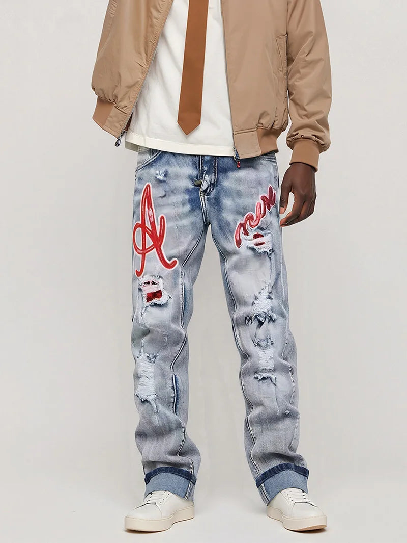 Men's Hip-Hop Style Distressed Holes Jeans Wash Ripped Pants with Red Embroidered Patches Casual Trendy Streetwear Trousers