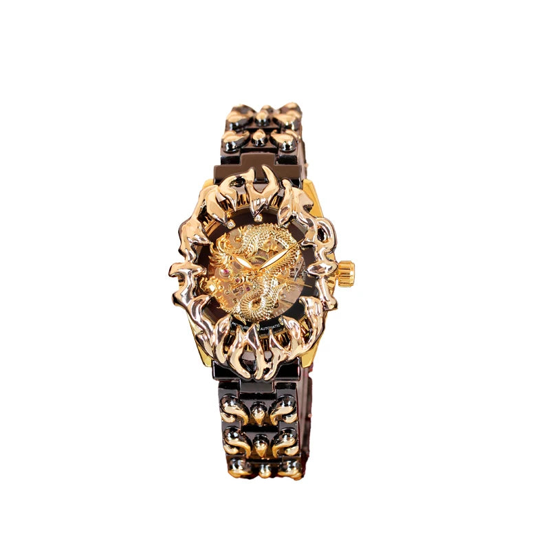 A men's black and gold steel strap casual niche carved dragon pattern mechanical watch