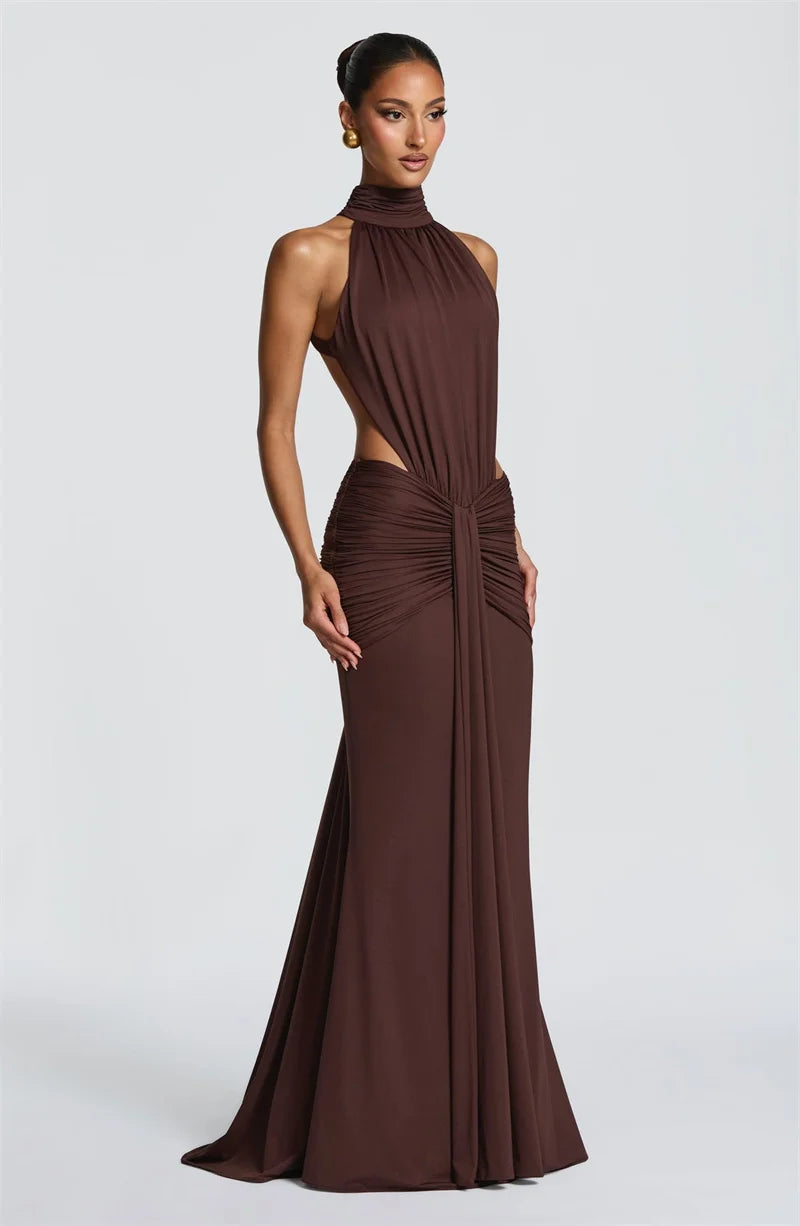 Mozision Turtleneck Backless Sexy Maxi Dress Women Gown Elegant Off-shoulder Sleeveless Ruched Bodycon Club Party Long Dress