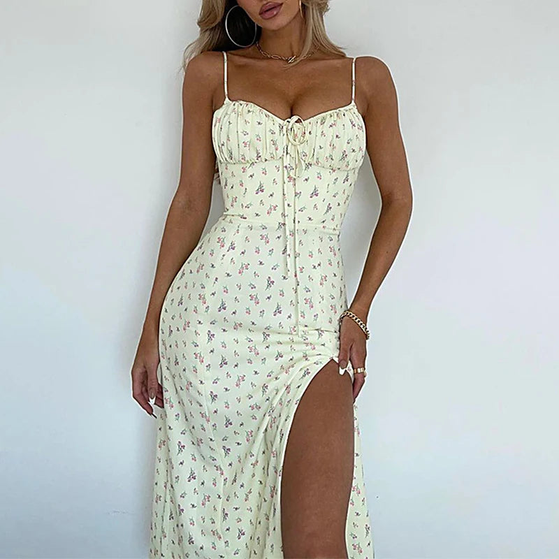 Women Summer Floral V Neck Spaghetti Strap Cam Dress Female Robe Sexy Bodycon Split Chic Mid-Calf Aesthetic Dress