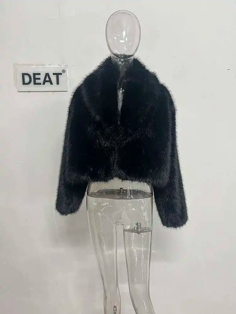 DEAT Fashion Faux Fur Coat Women's Lapel Loose Long Sleeve Black Thick Warm Plush Short Jacket Winter 2024 New Tide 7AB6349