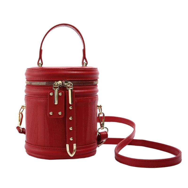 PU Leather Shoulder Crossbody Bag Cylinder Bag Vintage Small Handbag Purse with Top Handle Zippered for Everyday Carry