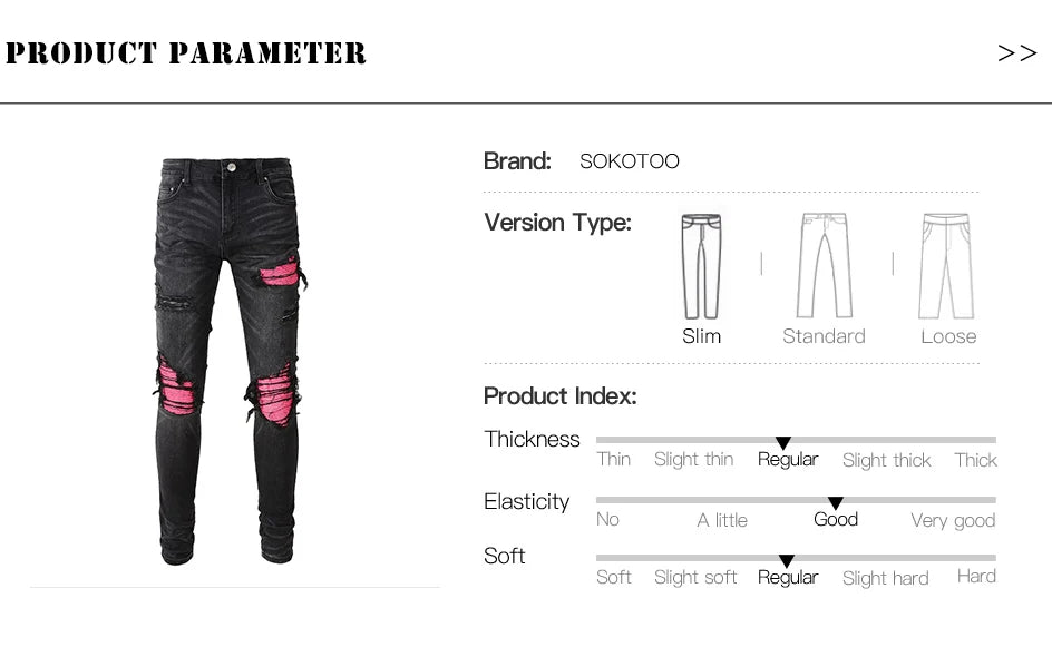 Men Cracked Leather Patch Biker Jeans Streetwear Pleated Patchwork Holes Ripped Stretch Denim Pants Skinny Tapered Trousers