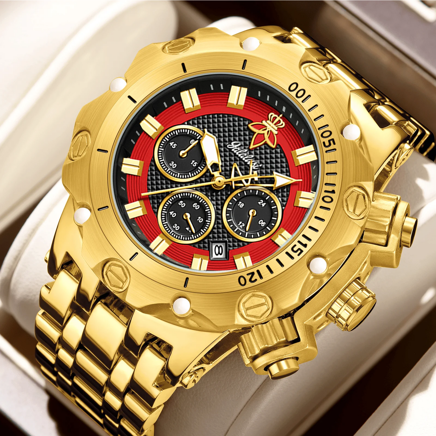 YaLaLuSi Men's Multifunctional Luxury Watch, Gold Strap with Atmospheric Dial, Fashionable and Practical Gift box