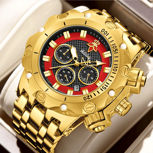 YaLaLuSi Men's Multifunctional Luxury Watch, Gold Strap with Atmospheric Dial, Fashionable and Practical Gift box