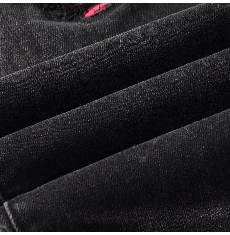 Men Cracked Leather Patch Biker Jeans Streetwear Pleated Patchwork Holes Ripped Stretch Denim Pants Skinny Tapered Trousers