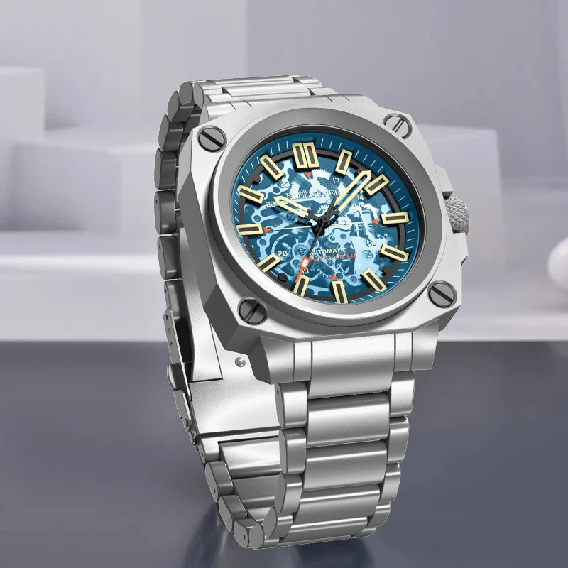 FeelNever Kreative Herrenuhr mit Automatikwerk, ausgehöhlt, modisch, lässig, sportlich, Militär, Leder, wasserdicht, mechanische Uhr + Box
