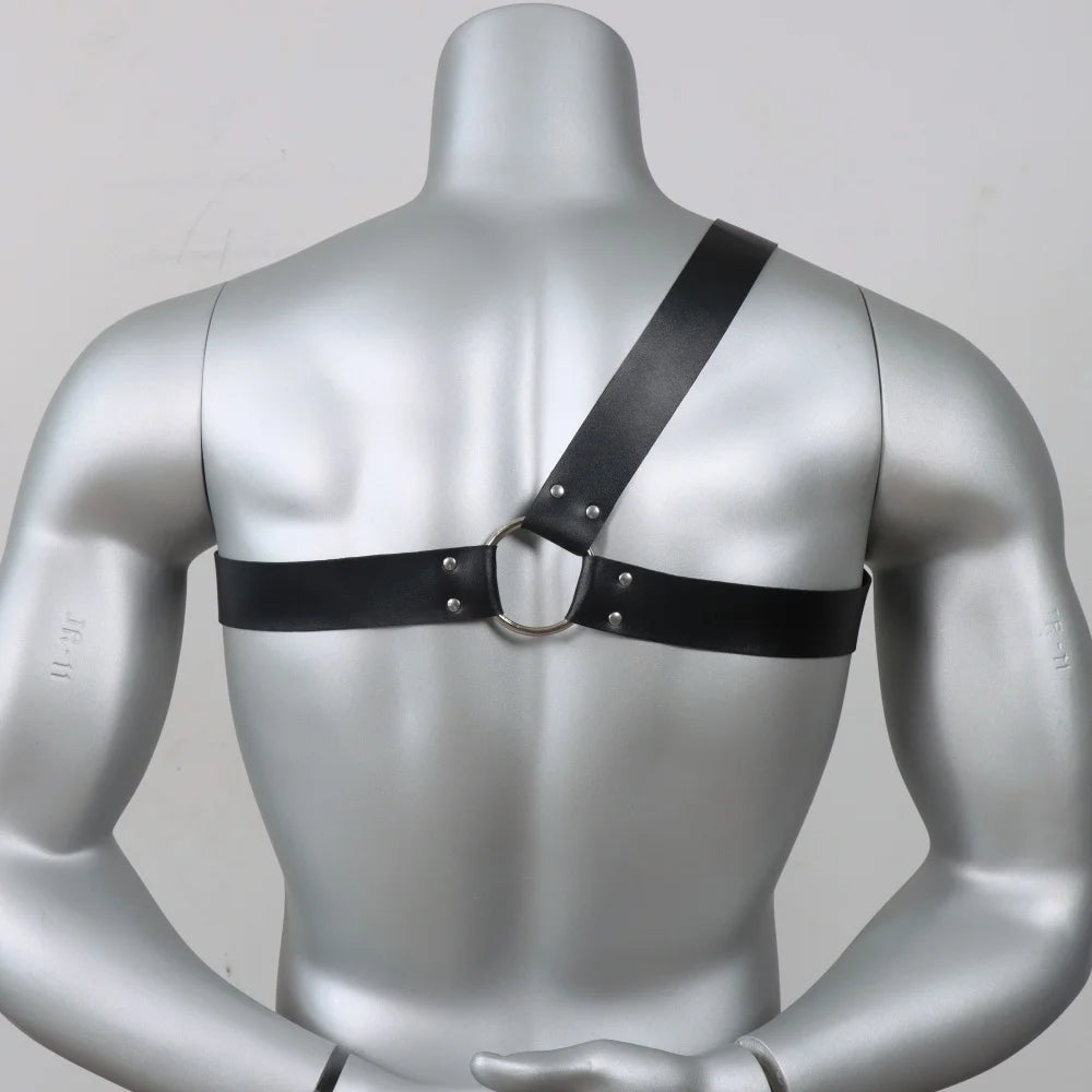 Gothic Punk Men'S Black Faux Leather Straps with Chest Harness & Arm Bands, Suits and Casual Attire, Stylish and Comfortable